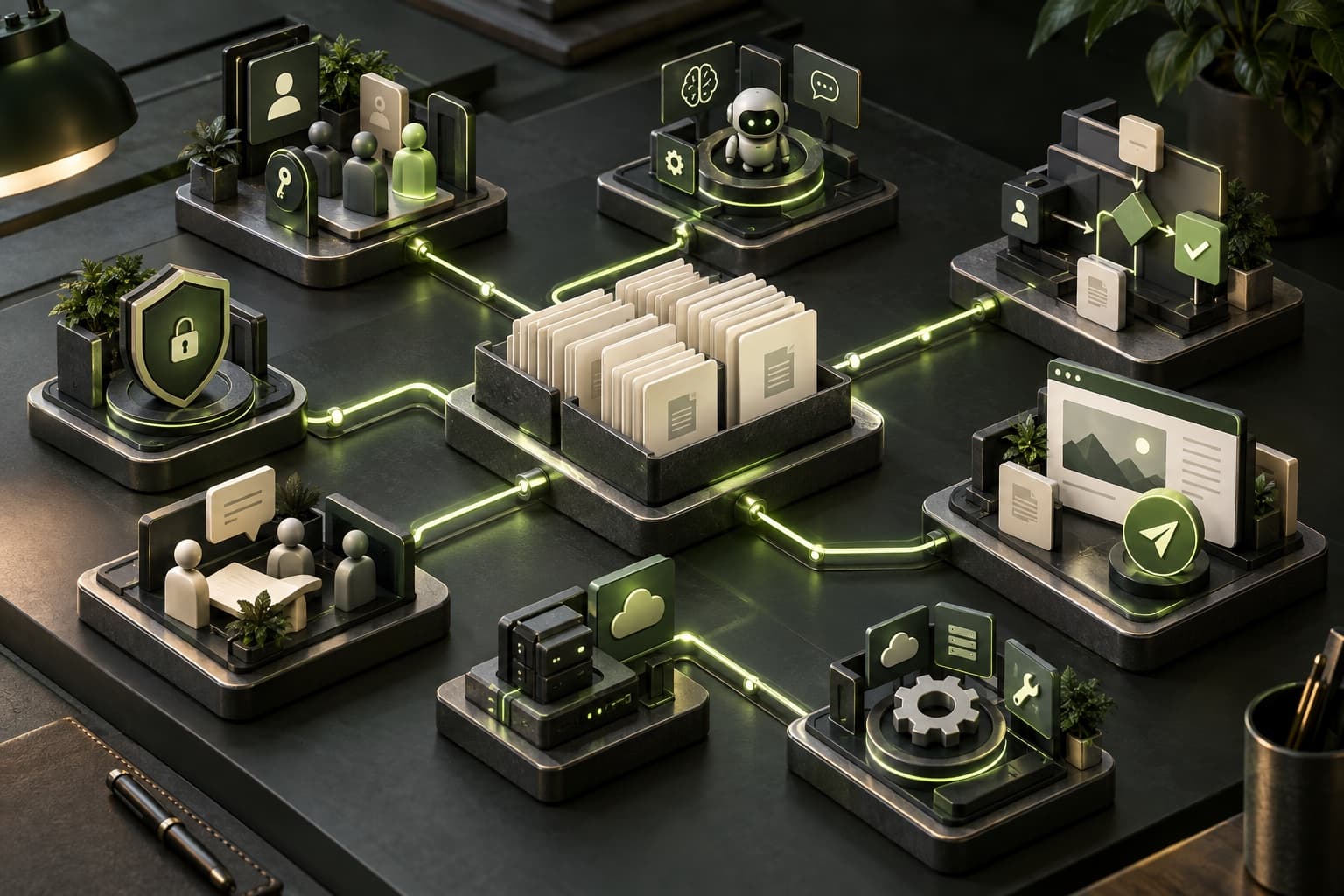 Knowledge, workflows and enterprise collaboration · AI scenario illustration